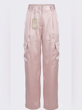 Soft Pink Satin Wide-Leg Cargo Pants